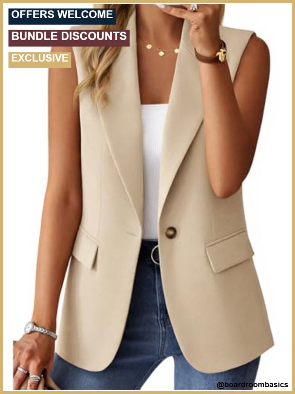 Sleeveless Open Front Lightweight Blazer Vest with Pockets Business Casual